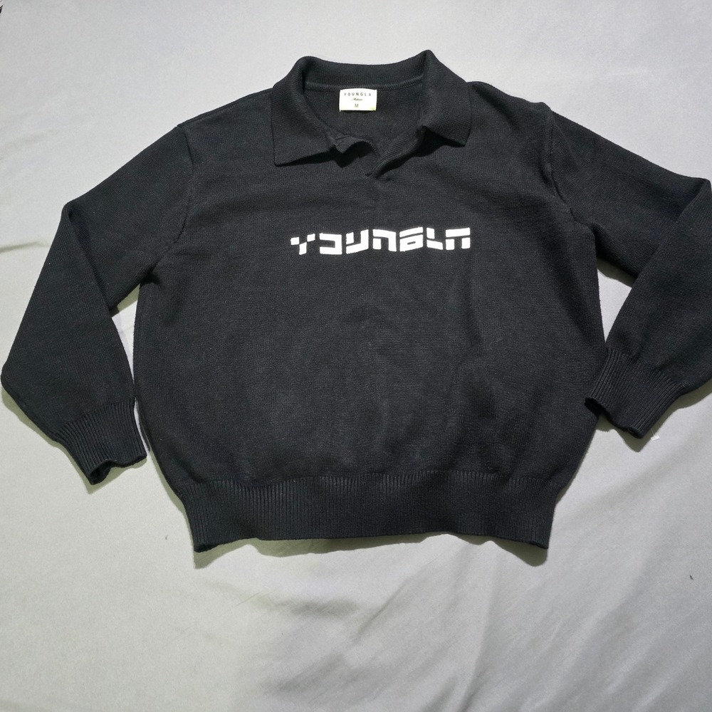 YoungLA Knit Polo Sweater Mens Medium Black Model  Long Sleeve Logo